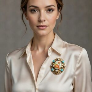 Elegant Gold and Turquoise Floral Brooch